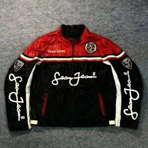 Vintage Sean Jean Sports Wear Racing Moto Leather Jacket Red Black White Jacket